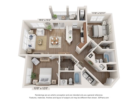 Floor plan for 2 beds, 2 baths, 1074 sqft